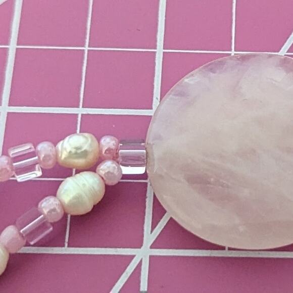 Pink Quartz, Potato Pearls, and Glass Bead Tassel Necklace - Picture 10 of 13
